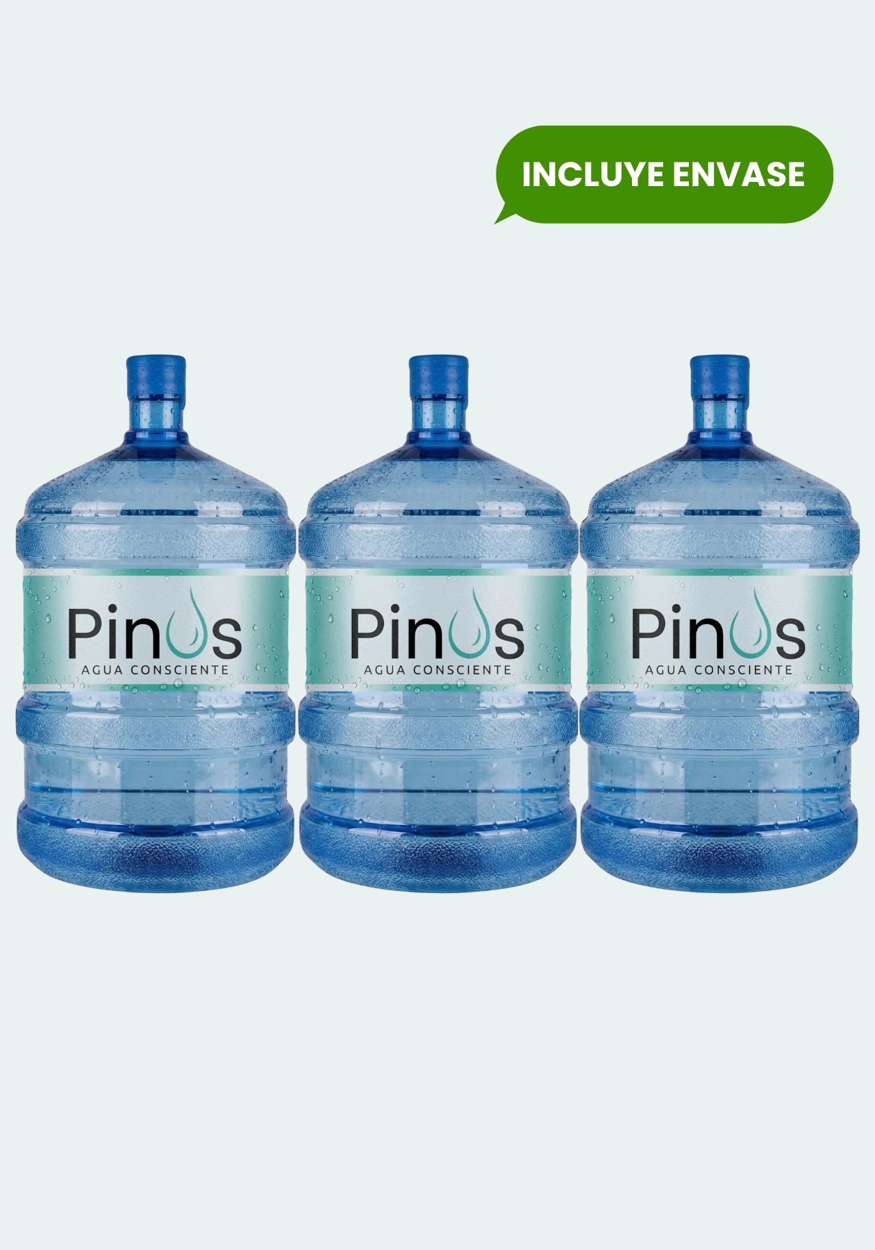 Pack de 3 bidones nuevos y sellados con agua purificada de 20 litros. Envases marca Pinus Agua Consciente.