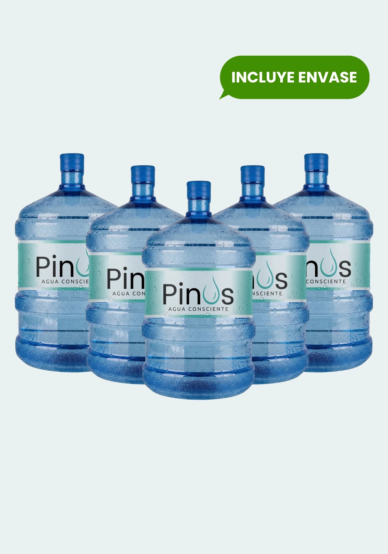 Pack de 5 bidones nuevos y sellados con agua purificada de 20 litros. Envases marca Pinus Agua Consciente.