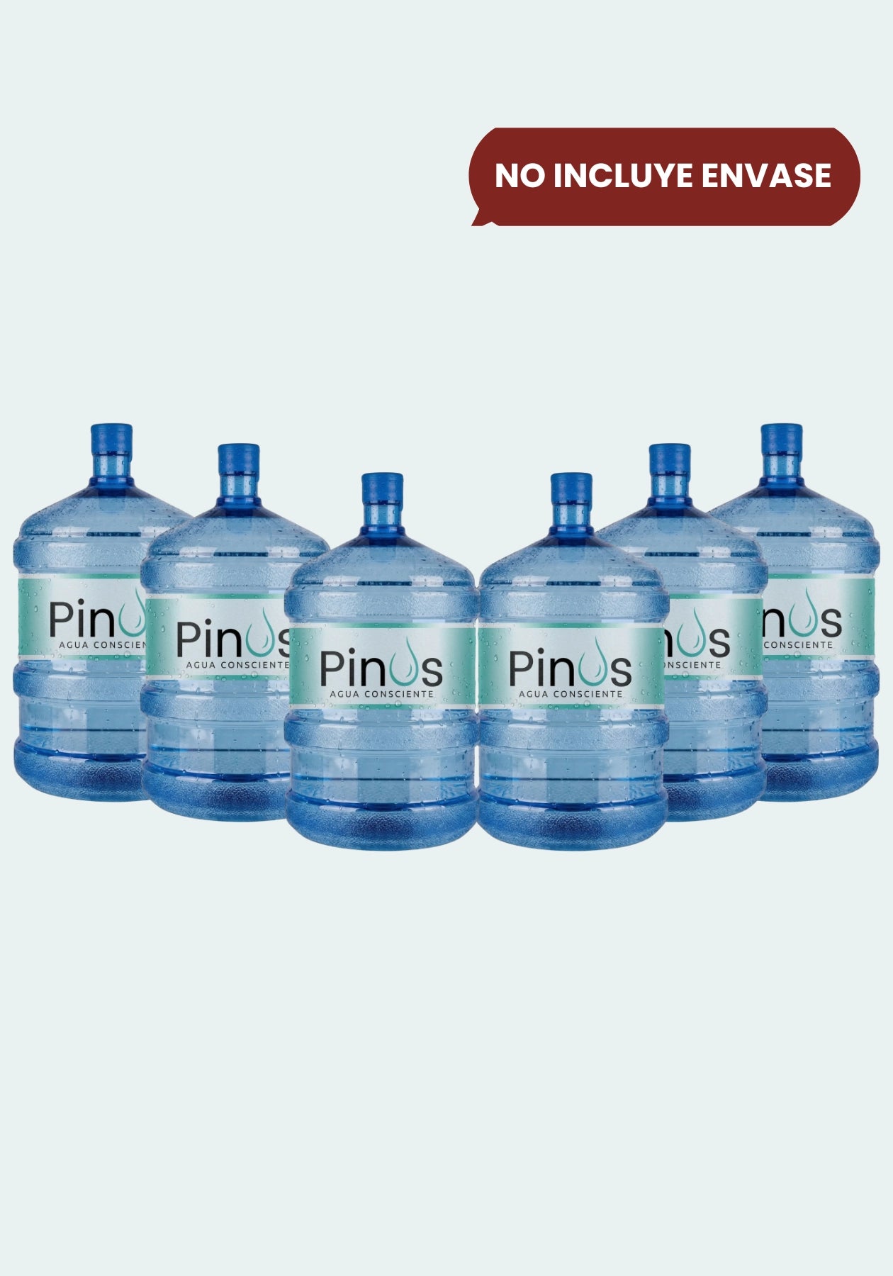 Pack de 6 recargas de agua purificada de 20 litros. Servicio de recambio de bidones Pinus Agua Consciente.