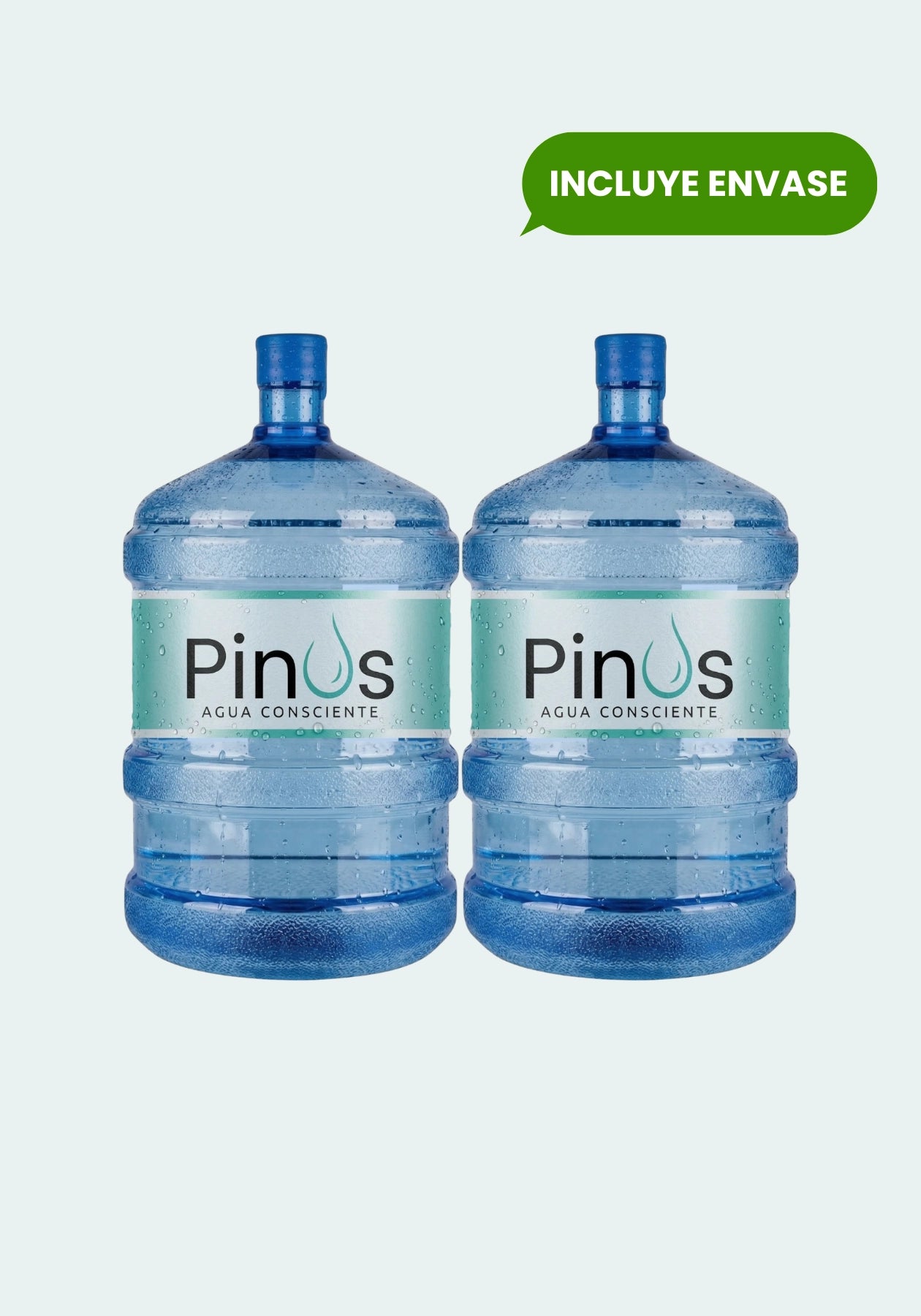 Pack de 2 bidones nuevos y sellados con agua purificada de 20 litros. Envases marca Pinus Agua Consciente.