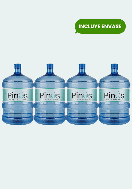Pack de 4 bidones nuevos y sellados con agua purificada de 20 litros. Envases marca Pinus Agua Consciente.