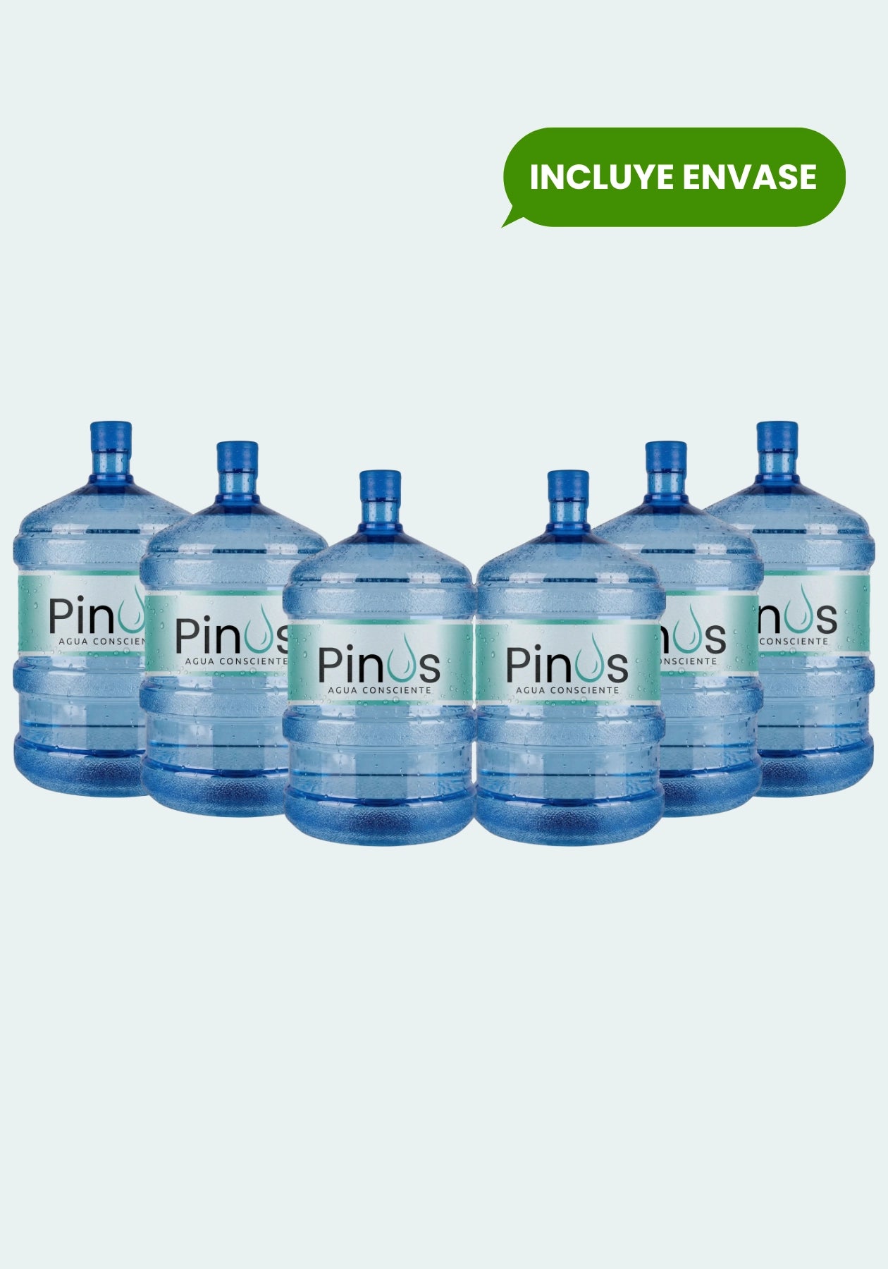 Pack de 6 bidones nuevos y sellados con agua purificada de 20 litros. Envases marca Pinus Agua Consciente.